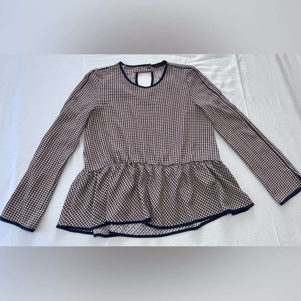 Zara Peplum Long Sleeve Houndstooth Check Blouse Top Size Small